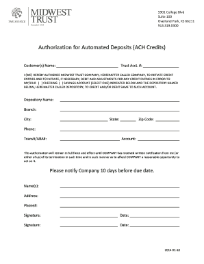 Authorization for Automated Deposits (ACH Credits)