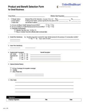 Small Business Product and Benefit Selection Form