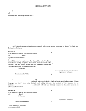Hong Kong Declaration Form