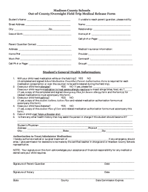 Madison County Schools Overnight Field Trip Medical Release Form