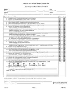 Alabama High School Athletic Association Preparticipation Physical Evaluation Form