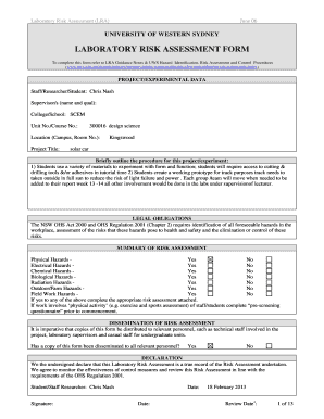 LABORATORY RISK ASSESSMENT FORM - University of Western ... - scem uws edu