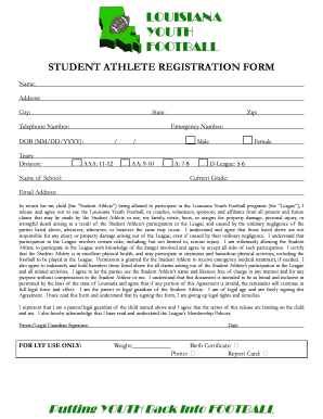 Louisiana Youth Football Student Athlete Registration Form