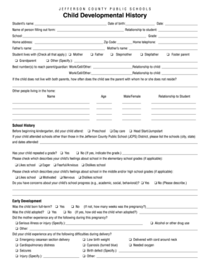 Jefferson County Child Developmental History Form