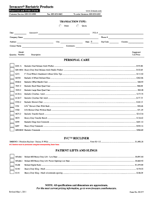 Invacare Bariatric Products Price List and Order Form