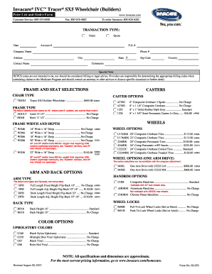 Invacare Tracer SX5 Wheelchair Order Form