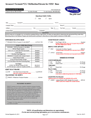 Invacare Formula CG Tilt/Recline/Elevate Order Form