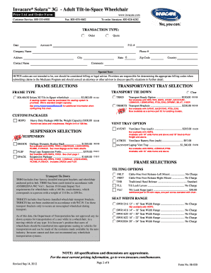 Invacare Solara 3G Wheelchair Order Form