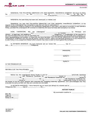 Indemnity form template - Indemnity Agreement Surrender Form - Philam Life