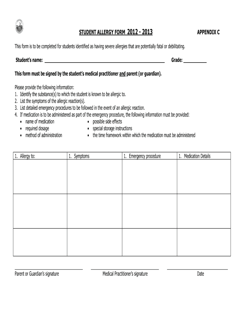 allergy form Preview on Page 1