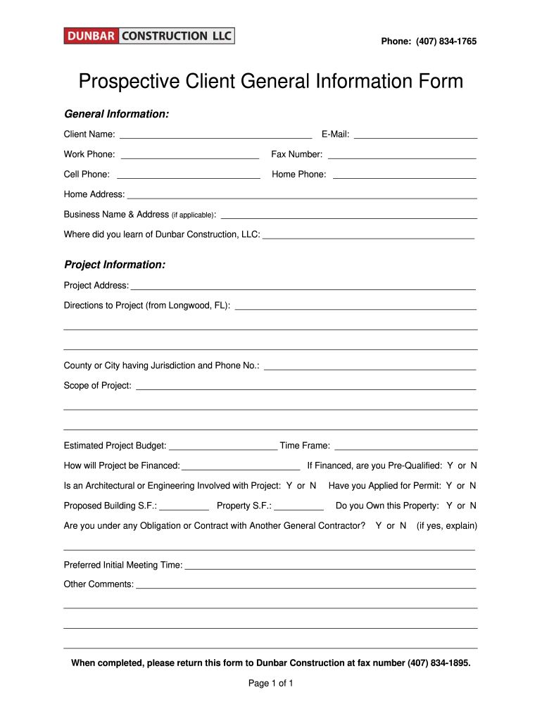 Prospective Client General Information Form - Dunbar Construction Preview on Page 1.