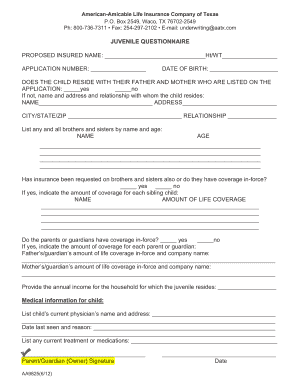 Juvenile Life Insurance Questionnaire
