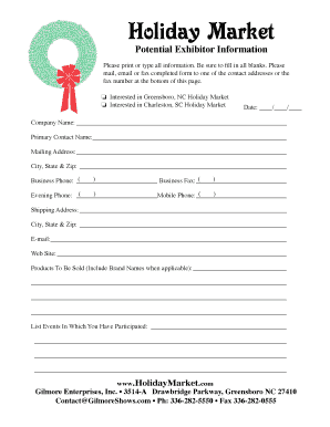 Holiday Market Exhibitor Interest Form