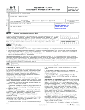 Form W-9 Request for Taxpayer Identification Number and Certification