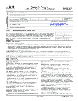 Form W-9 Request for Taxpayer Identification Number and Certification