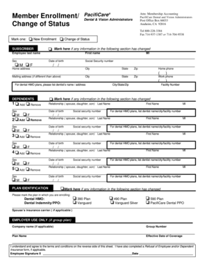 PacifiCare Dental and Vision Enrollment Form