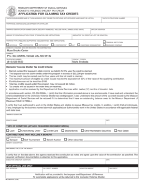 Missouri Domestic Violence Shelter Tax Credit Application