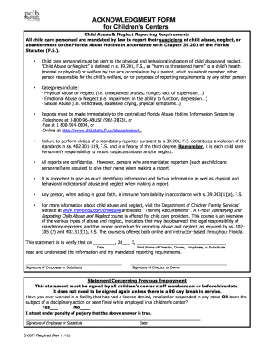 Child Abuse & Neglect Reporting Acknowledgment Form