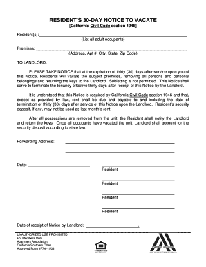 Resident's 30-day notice to vacate - Pabst, Kinney and Associates