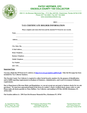 Osceola County Tax Certificate Holder Information Form