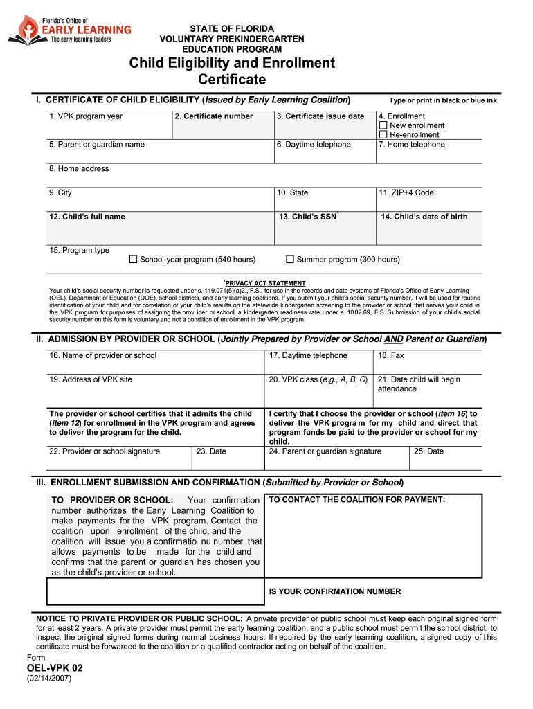 Form AWI-VPK 02 Eligibility and Enrollment 02-14-2007.doc Preview on Page 1.