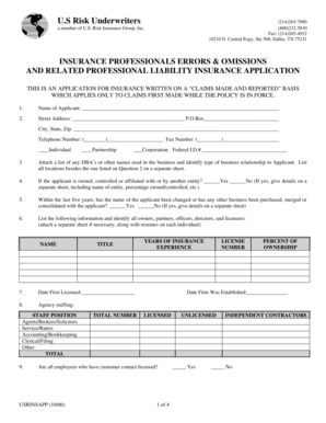 Insurance Professional Errors and Omissions Application