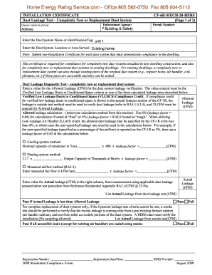 California Duct Leakage Test Installation Certificate