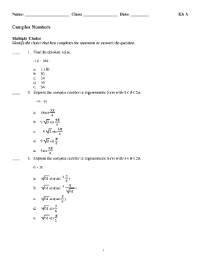 Complex Numbers Multiple Choice Test