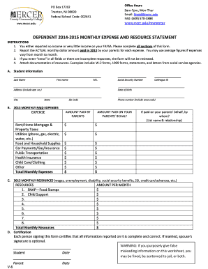 Dependent 2014-2015 Monthly Expense and Resource Statement