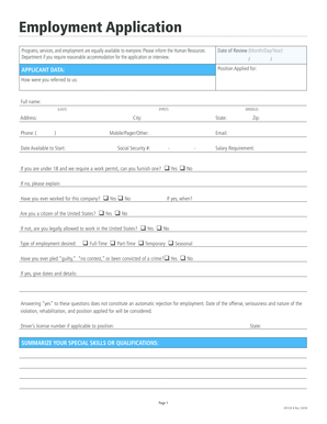 Employment Application Form HR104