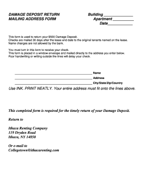 Damage Deposit Return Form - Ithaca Renting Company