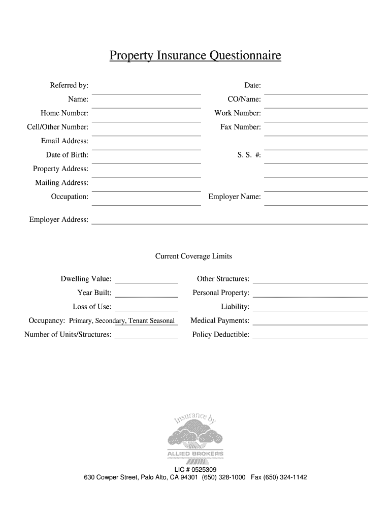 Fillable Online Property Insurance Questionnaire Fax Email Print