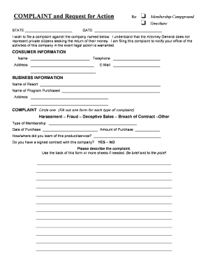 Complaint Form for Timeshare Membership