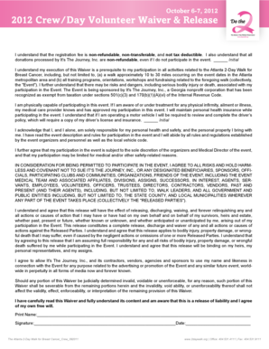 2012 Atlanta 2-Day Walk for Breast Cancer Crew Volunteer Waiver and Registration Form
