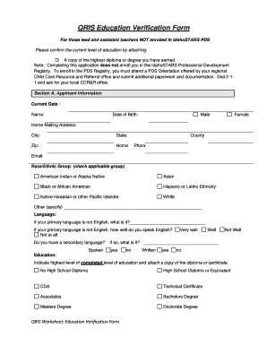 Idaho QRIS Education Verification Form