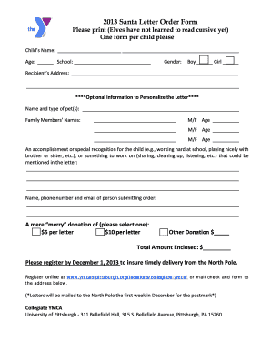 2013 Santa Letter Order Form
