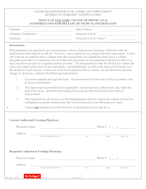 Notice of One-Time Change of Physician & Authorization for Release of Medical Information