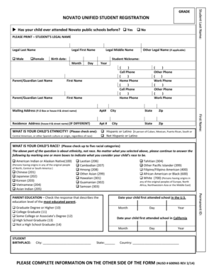 Novato Unified Student Registration Form