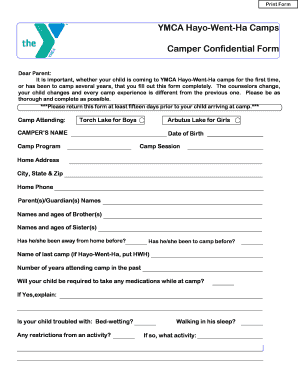 YMCA Hayo-Went-Ha Camper Confidential Form