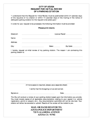 City of Azusa Parking Citation Review Request