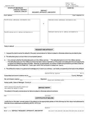 Michigan Default Request Affidavit and Entry