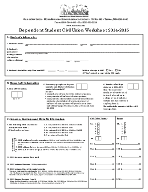 New Jersey Dependent Student Civil Union Worksheet 2014-2015