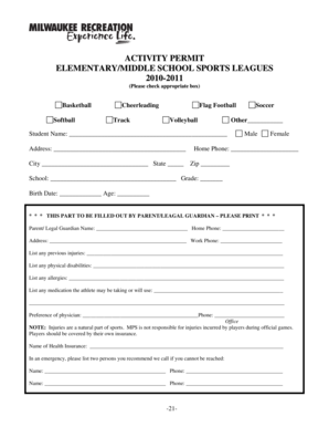 Elementary/Middle School Sports Activity Permit