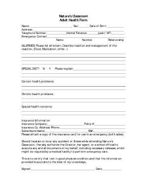 Adult Health Form