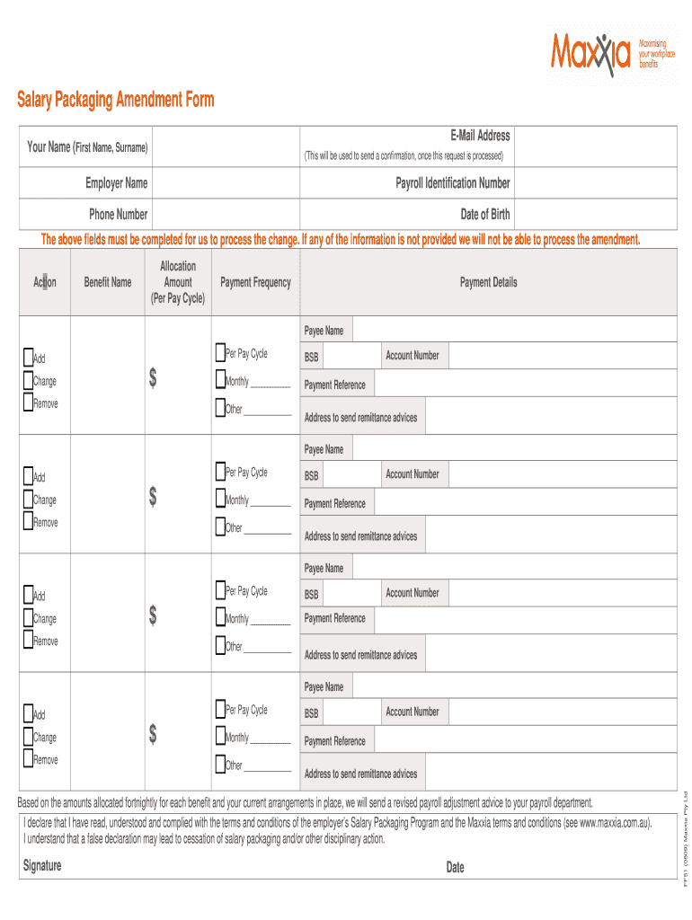 Fillable Online Salary Packaging Amendment Form Maxxia Fax Email