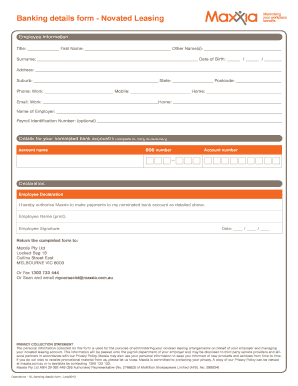 Novated Leasing Banking Details Form