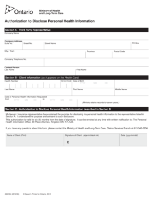 Ontario Authorization to Disclose Personal Health Information