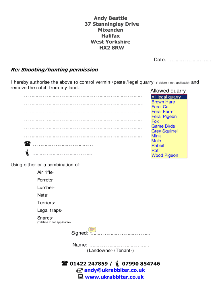 Fillable Online andybeattie freehostingnoads Hunting Permission form