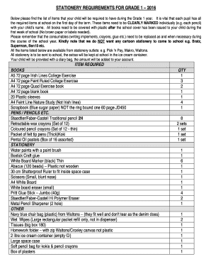 Below please find the list of items that your child will be required to have during the Grade 1 year
