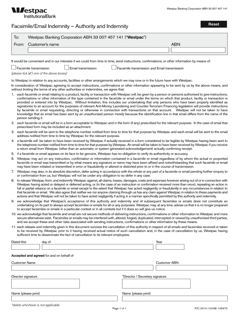 Fillable Online Facsimile/Email Indemnity Authority and Indemnity Fax
